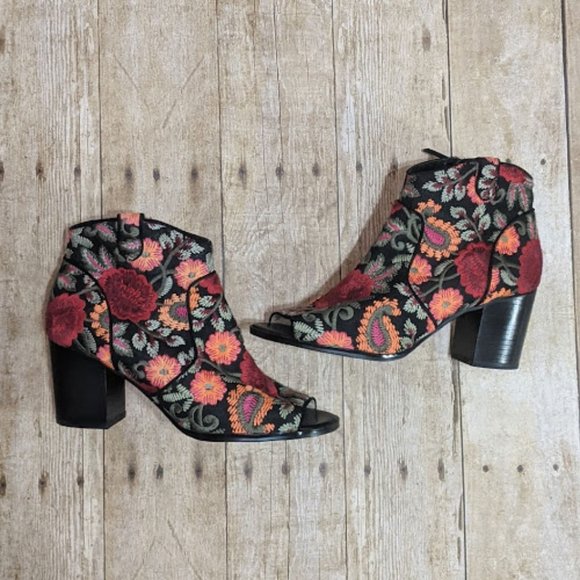 Black Booties with Floral Embroidery